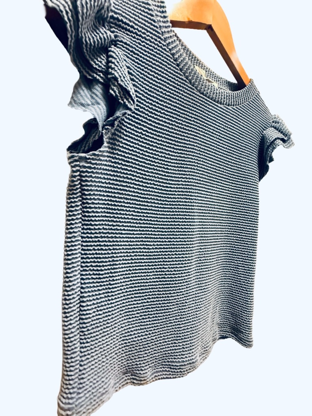 Moa Moa Blue Ribbed Knit Ruffle Flutter Sleeve Top - Small - Picture 3 of 9